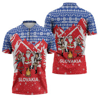 Slovakia Christmas Zipper Polo Shirt with Santa and Dancers by Campfire Snowy Mountains and Red Blue Snowflake Pattern Design - Wonder Print Shop