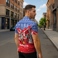 Slovakia Christmas Zipper Polo Shirt with Santa and Dancers by Campfire Snowy Mountains and Red Blue Snowflake Pattern Design - Wonder Print Shop
