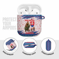 Slovakia Christmas AirPods Case with Bear Holding Tree Gingerbread Cookies and Red Blue Snowflake Pattern Design - Wonder Print Shop