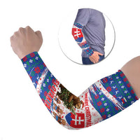 Slovakia Christmas Arm Sleeves with Bear Holding Tree Gingerbread Cookies and Red Blue Snowflake Pattern Design - Wonder Print Shop
