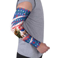 Slovakia Christmas Arm Sleeves with Bear Holding Tree Gingerbread Cookies and Red Blue Snowflake Pattern Design - Wonder Print Shop