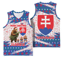Slovakia Christmas Basketball Jersey with Bear Holding Tree Gingerbread Cookies and Red Blue Snowflake Pattern Design - Wonder Print Shop