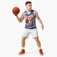 Slovakia Christmas Basketball Jersey with Bear Holding Tree Gingerbread Cookies and Red Blue Snowflake Pattern Design - Wonder Print Shop