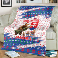 Slovakia Christmas Blanket with Bear Holding Tree Gingerbread Cookies and Red Blue Snowflake Pattern Design - Wonder Print Shop