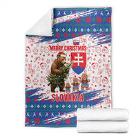 Slovakia Christmas Blanket with Bear Holding Tree Gingerbread Cookies and Red Blue Snowflake Pattern Design - Wonder Print Shop