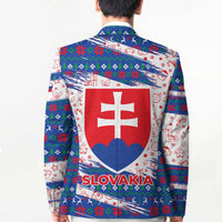 Slovakia Christmas Blazer with Bear Holding Tree Gingerbread Cookies and Red Blue Snowflake Pattern Design - Wonder Print Shop
