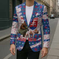 Slovakia Christmas Blazer with Bear Holding Tree Gingerbread Cookies and Red Blue Snowflake Pattern Design - Wonder Print Shop