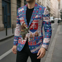 Slovakia Christmas Blazer with Bear Holding Tree Gingerbread Cookies and Red Blue Snowflake Pattern Design - Wonder Print Shop