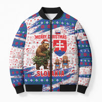 Slovakia Christmas Bomber Puffer Jacket with Bear Holding Tree Gingerbread Cookies and Red Blue Snowflake Pattern Design - Wonder Print Shop