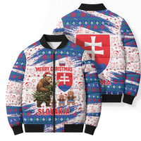 Slovakia Christmas Bomber Puffer Jacket with Bear Holding Tree Gingerbread Cookies and Red Blue Snowflake Pattern Design - Wonder Print Shop