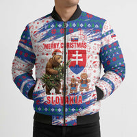 Slovakia Christmas Bomber Puffer Jacket with Bear Holding Tree Gingerbread Cookies and Red Blue Snowflake Pattern Design - Wonder Print Shop