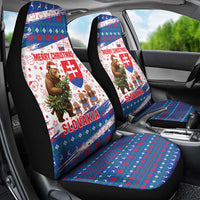 Slovakia Christmas Car Seat Cover with Bear Holding Tree Gingerbread Cookies and Red Blue Snowflake Pattern Design - Wonder Print Shop
