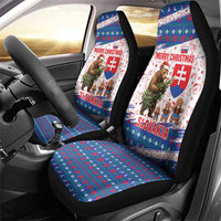 Slovakia Christmas Car Seat Cover with Bear Holding Tree Gingerbread Cookies and Red Blue Snowflake Pattern Design - Wonder Print Shop