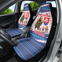Slovakia Christmas Car Seat Cover with Bear Holding Tree Gingerbread Cookies and Red Blue Snowflake Pattern Design - Wonder Print Shop