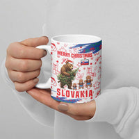 Slovakia Christmas Ceramic Mug with Bear Holding Tree Gingerbread Cookies and Red Blue Snowflake Pattern Design - Wonder Print Shop