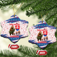Slovakia Christmas Ceramic Ornament with Bear Holding Tree Gingerbread Cookies and Red Blue Snowflake Pattern Design - Wonder Print Shop