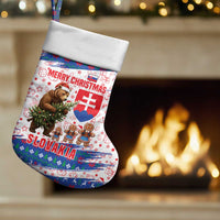 Slovakia Christmas Stocking with Bear Holding Tree Gingerbread Cookies and Red Blue Snowflake Pattern Design - Wonder Print Shop