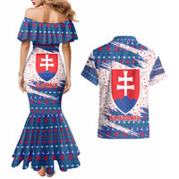 Slovakia Christmas Couples Matching Mermaid Dress and Hawaiian Shirt with Bear Holding Tree Gingerbread Cookies and Red Blue Snowflake Pattern Design - Wonder Print Shop