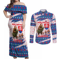 Slovakia Christmas Couples Matching Off Shoulder Maxi Dress and Long Sleeve Button Shirt with Bear Holding Tree Gingerbread Cookies and Red Blue Snowflake Pattern Design - Wonder Print Shop
