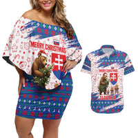 Slovakia Christmas Couples Matching Off Shoulder Short Dress and Hawaiian Shirt with Bear Holding Tree Gingerbread Cookies and Red Blue Snowflake Pattern Design - Wonder Print Shop