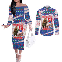 Slovakia Christmas Couples Matching Off The Shoulder Long Sleeve Dress and Long Sleeve Button Shirt with Bear Holding Tree Gingerbread Cookies and Red Blue Snowflake Pattern Design - Wonder Print Shop
