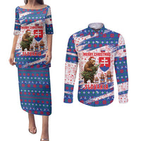 Slovakia Christmas Couples Matching Puletasi and Long Sleeve Button Shirt with Bear Holding Tree Gingerbread Cookies and Red Blue Snowflake Pattern Design - Wonder Print Shop