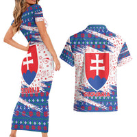 Slovakia Christmas Couples Matching Short Sleeve Bodycon Dress and Hawaiian Shirt with Bear Holding Tree Gingerbread Cookies and Red Blue Snowflake Pattern Design - Wonder Print Shop