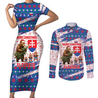 Slovakia Christmas Couples Matching Short Sleeve Bodycon Dress and Long Sleeve Button Shirt with Bear Holding Tree Gingerbread Cookies and Red Blue Snowflake Pattern Design - Wonder Print Shop