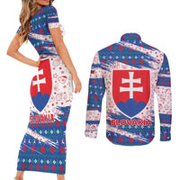 Slovakia Christmas Couples Matching Short Sleeve Bodycon Dress and Long Sleeve Button Shirt with Bear Holding Tree Gingerbread Cookies and Red Blue Snowflake Pattern Design - Wonder Print Shop