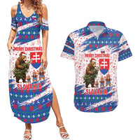 Slovakia Christmas Couples Matching Summer Maxi Dress and Hawaiian Shirt with Bear Holding Tree Gingerbread Cookies and Red Blue Snowflake Pattern Design - Wonder Print Shop