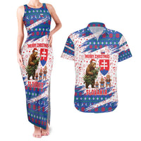 Slovakia Christmas Couples Matching Tank Maxi Dress and Hawaiian Shirt with Bear Holding Tree Gingerbread Cookies and Red Blue Snowflake Pattern Design - Wonder Print Shop