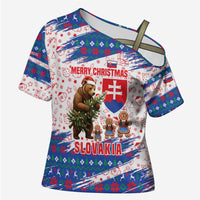 Slovakia Christmas Cross Shoulder Shirt with Bear Holding Tree Gingerbread Cookies and Red Blue Snowflake Pattern Design - Wonder Print Shop