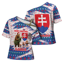 Slovakia Christmas Cross Shoulder Shirt with Bear Holding Tree Gingerbread Cookies and Red Blue Snowflake Pattern Design - Wonder Print Shop
