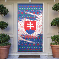 Slovakia Christmas Door Cover with Bear Holding Tree Gingerbread Cookies and Red Blue Snowflake Pattern Design - Wonder Print Shop