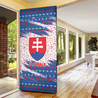 Slovakia Christmas Door Cover with Bear Holding Tree Gingerbread Cookies and Red Blue Snowflake Pattern Design - Wonder Print Shop