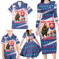 Slovakia Christmas Family Matching Long Sleeve Bodycon Dress and Hawaiian Shirt with Bear Holding Tree Gingerbread Cookies and Red Blue Snowflake Pattern Design - Wonder Print Shop