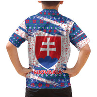 Slovakia Christmas Family Matching Mermaid Dress and Hawaiian Shirt with Bear Holding Tree Gingerbread Cookies and Red Blue Snowflake Pattern Design - Wonder Print Shop
