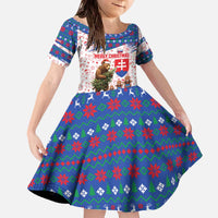 Slovakia Christmas Family Matching Off The Shoulder Long Sleeve Dress and Hawaiian Shirt with Bear Holding Tree Gingerbread Cookies and Red Blue Snowflake Pattern Design - Wonder Print Shop
