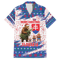 Slovakia Christmas Family Matching Off The Shoulder Long Sleeve Dress and Hawaiian Shirt with Bear Holding Tree Gingerbread Cookies and Red Blue Snowflake Pattern Design - Wonder Print Shop