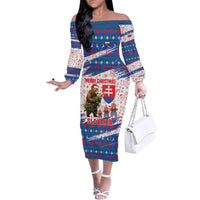 Slovakia Christmas Family Matching Off The Shoulder Long Sleeve Dress and Hawaiian Shirt with Bear Holding Tree Gingerbread Cookies and Red Blue Snowflake Pattern Design - Wonder Print Shop