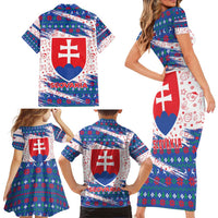 Slovakia Christmas Family Matching Short Sleeve Bodycon Dress and Hawaiian Shirt with Bear Holding Tree Gingerbread Cookies and Red Blue Snowflake Pattern Design - Wonder Print Shop