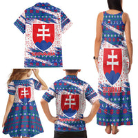 Slovakia Christmas Family Matching Tank Maxi Dress and Hawaiian Shirt with Bear Holding Tree Gingerbread Cookies and Red Blue Snowflake Pattern Design - Wonder Print Shop