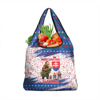 Slovakia Christmas Grocery Bag with Bear Holding Tree Gingerbread Cookies and Red Blue Snowflake Pattern Design - Wonder Print Shop
