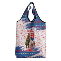 Slovakia Christmas Grocery Bag with Bear Holding Tree Gingerbread Cookies and Red Blue Snowflake Pattern Design - Wonder Print Shop