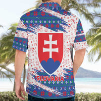 Slovakia Christmas Hawaiian Shirt with Bear Holding Tree Gingerbread Cookies and Red Blue Snowflake Pattern Design - Wonder Print Shop