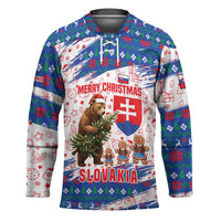 Slovakia Christmas Hockey Jersey with Bear Holding Tree Gingerbread Cookies and Red Blue Snowflake Pattern Design - Wonder Print Shop