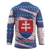 Slovakia Christmas Hockey Jersey with Bear Holding Tree Gingerbread Cookies and Red Blue Snowflake Pattern Design - Wonder Print Shop
