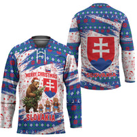Slovakia Christmas Hockey Jersey with Bear Holding Tree Gingerbread Cookies and Red Blue Snowflake Pattern Design - Wonder Print Shop