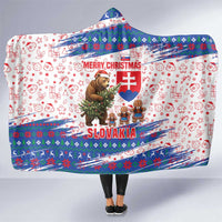 Slovakia Christmas Hooded Blanket with Bear Holding Tree Gingerbread Cookies and Red Blue Snowflake Pattern Design - Wonder Print Shop