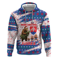 Slovakia Christmas Hoodie with Bear Holding Tree Gingerbread Cookies and Red Blue Snowflake Pattern Design - Wonder Print Shop
